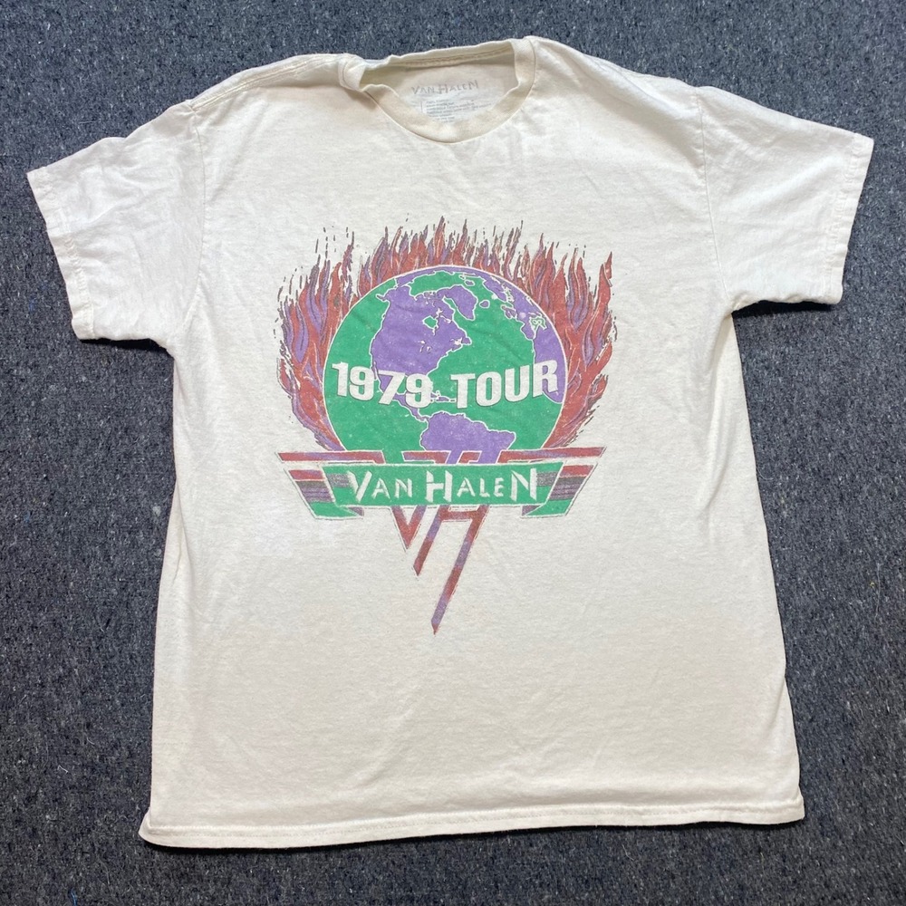 Van Halen T Shirt M Mens Cream 1979 World Tour Rock Graphic Distressed Retro